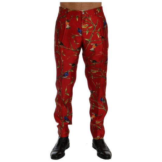 Dolce & Gabbana Elegant Silk Dress Trousers in Red Bird Print Dolce & Gabbana Dark Red