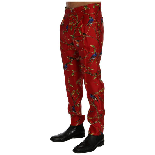 Dolce & Gabbana Elegant Silk Dress Trousers in Red Bird Print Dolce & Gabbana Dark Red