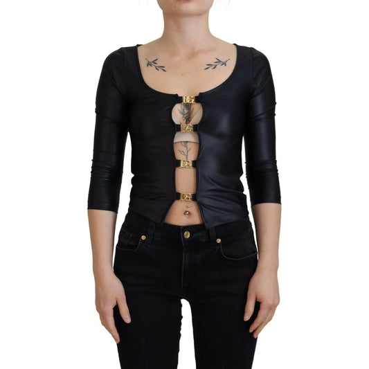 Dolce & Gabbana Elegant Black 3/4 Sleeve Top with Gold Detailing Dolce & Gabbana Black