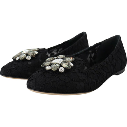 Dolce & Gabbana Black Taormina Lace Crystals Flats Shoes