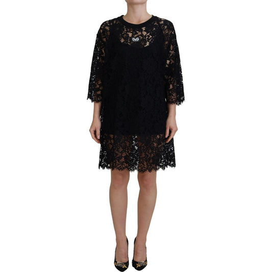 Dolce & Gabbana Elegant Black Floral Lace Shift Dress Dolce & Gabbana Rosy Brown