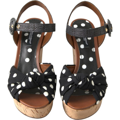 Dolce & Gabbana Black Wedges Polka Dotted Ankle Strap Shoes Sandals
