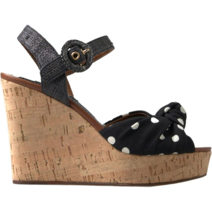 Dolce & Gabbana Black Wedges Polka Dotted Ankle Strap Shoes Sandals