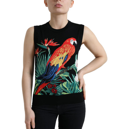 Dolce & Gabbana Elegant Crew Neck Wool Silk Tank with Bird Embroidery Dolce & Gabbana Black