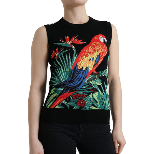 Dolce & Gabbana Elegant Crew Neck Wool Silk Tank with Bird Embroidery Dolce & Gabbana Black