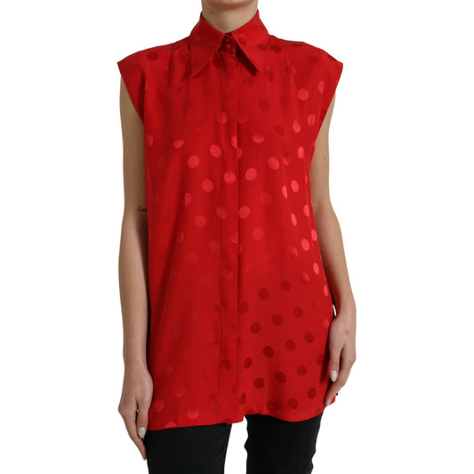 Dolce & Gabbana Elegant Polka Dot Sleeveless Silk Blouse Dolce & Gabbana Firebrick