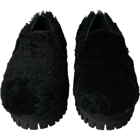 Dolce & Gabbana Elegant Black Fur Slip On Loafers for Men Dolce & Gabbana Black