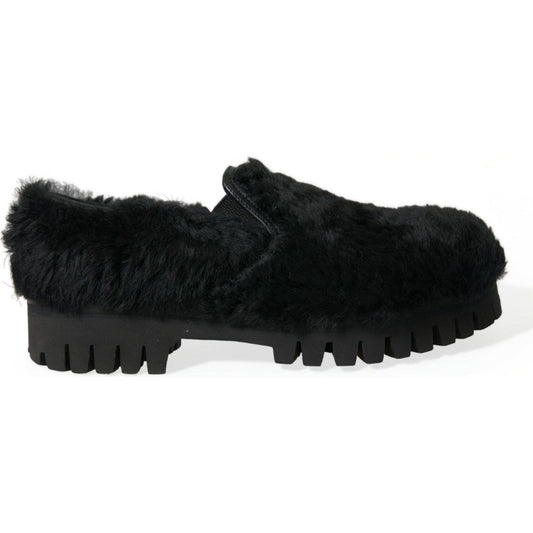 Dolce & Gabbana Elegant Black Fur Slip On Loafers for Men Dolce & Gabbana Black