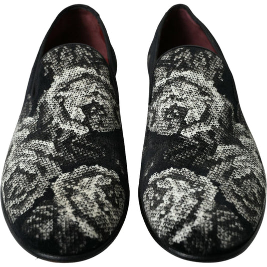 Dolce & Gabbana Elegant Floral Velvet Loafers Dolce & Gabbana Dark Slate Gray