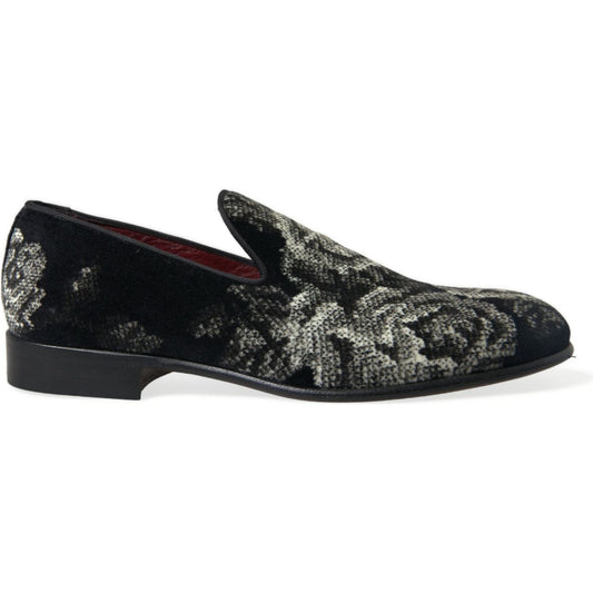 Dolce & Gabbana Elegant Floral Velvet Loafers Dolce & Gabbana Dark Slate Gray
