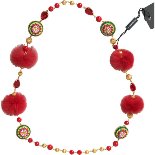 Dolce & Gabbana Gold Brass Red Fur Crystal Carretto Chain Necklace Necklace Dolce & Gabbana Brown