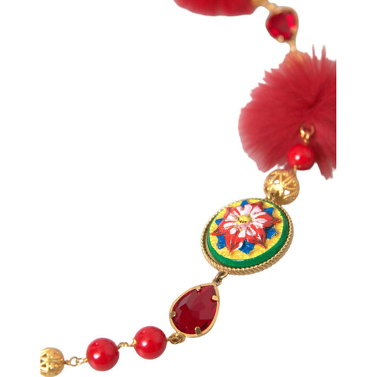 Dolce & Gabbana Gold Brass Red Fur Crystal Carretto Chain Necklace Necklace Dolce & Gabbana Brown