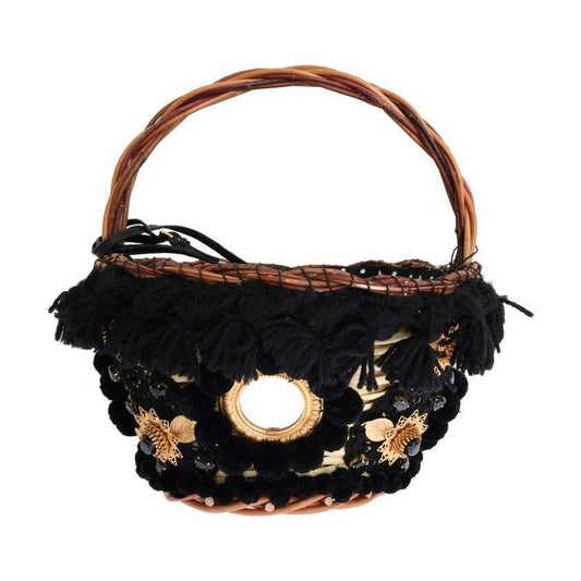 Dolce & Gabbana Chic Beige & Black Straw Snakeskin Bucket Bag Dolce & Gabbana Tan