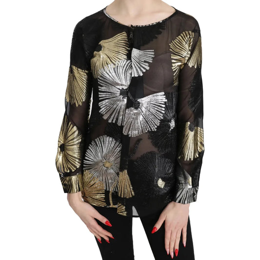 Dsquared² Gold Silver Silk Jacquard See Through Top Blouse Dsquared² Tan