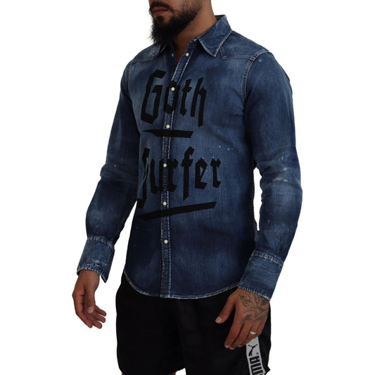 Dsquared² Blue Washed Goth Surfer Print Men Denim Shirt Dsquared² Dark Slate Gray