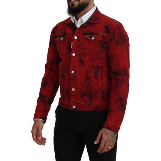 Dsquared² Red Black Tie Dye Collared Men Denim Jacket Dsquared² Black