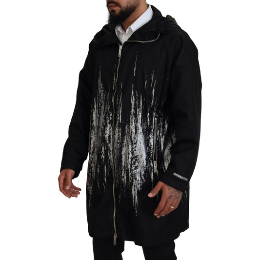 Dsquared² Black White Print Long Hooded Coat Nylon Jacket Dsquared² Black