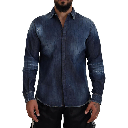 Dsquared² Blue Tattered Crystal Embellished Denim Shirt Dsquared² Dark Slate Gray