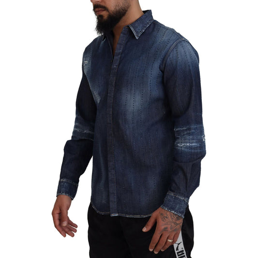 Dsquared² Blue Tattered Crystal Embellished Denim Shirt Dsquared² Dark Slate Gray