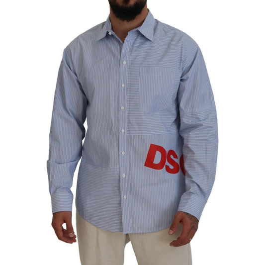Dsquared² Blue Stripes Logo Print Long Sleeves Formal Shirt Dsquared² Light Slate Gray