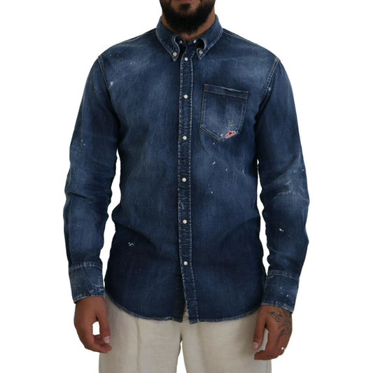 Dsquared² Blue Washed Collared Men Casual Long Sleeves Shirt Dsquared² Dark Slate Gray
