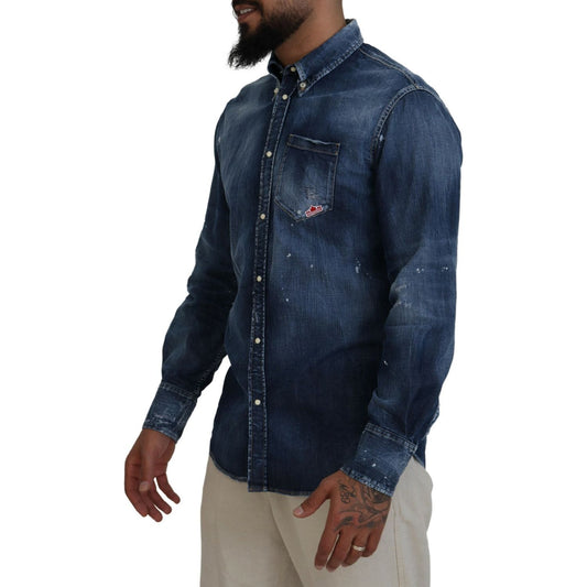 Dsquared² Blue Washed Collared Men Casual Long Sleeves Shirt Dsquared² Dark Slate Gray