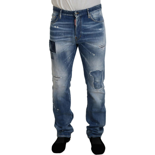 Dsquared² Blue Washed Tattered Straight Fit Casual Denim Jeans Dsquared² Dim Gray