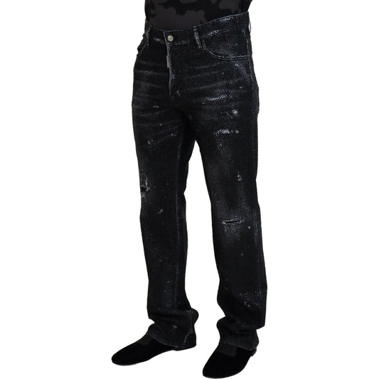 Dsquared² Black Crystal Embellished Tattered Denim Jeans Dsquared² Black