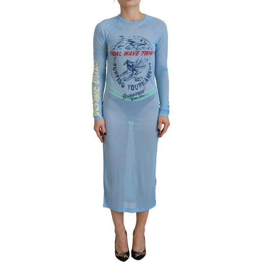 Dsquared² Blue Printed Viscose Long Sleeves Cover Up Dress Dsquared² Light Slate Gray