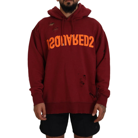 Dsquared² Maroon Cotton Tattered Hooded Printed Pullover Sweater Dsquared² Dark Red