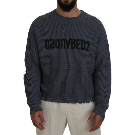 Dsquared² Gray Men Tattered Knitted Pullover Sweater Dsquared² Dark Slate Gray