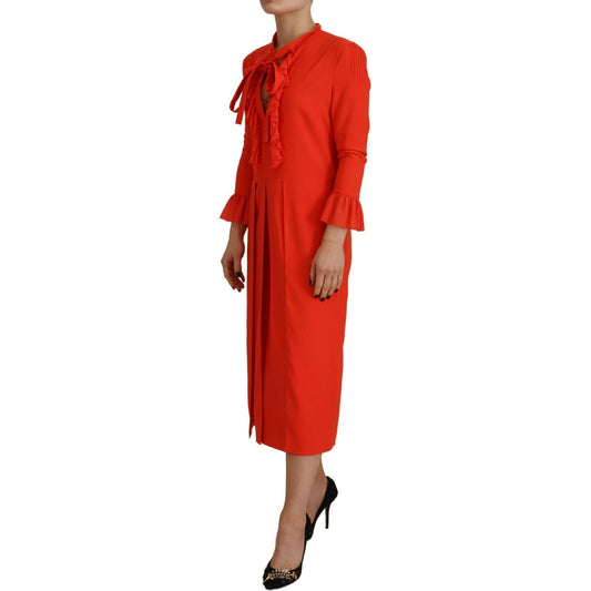 Dsquared² Red Polyester Long Sleeves Pleated Midi Dress Dsquared² Firebrick