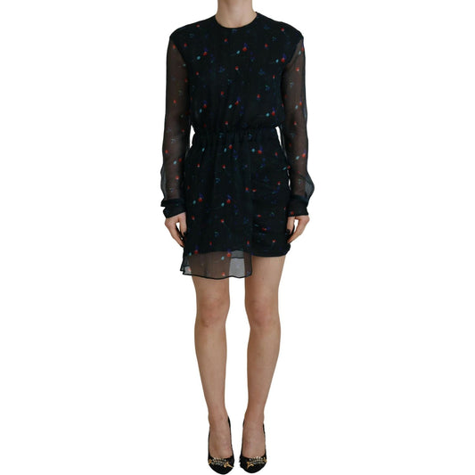 Dsquared² Black Floral Silk Long Sleeves Sheath Mini Dress Dsquared² Black
