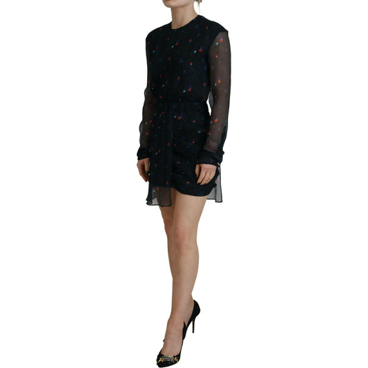 Dsquared² Black Floral Silk Long Sleeves Sheath Mini Dress Dsquared² Black