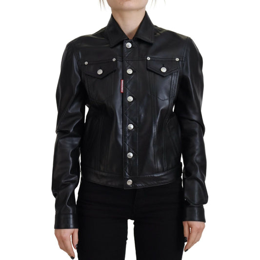 Dsquared² Black Leather Collared Long Sleeves Jacket Dsquared² Black
