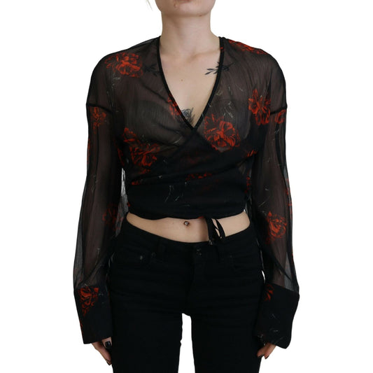 Dsquared² Black Floral Print Cropped Wrap Long Sleeves Top Dsquared² Black