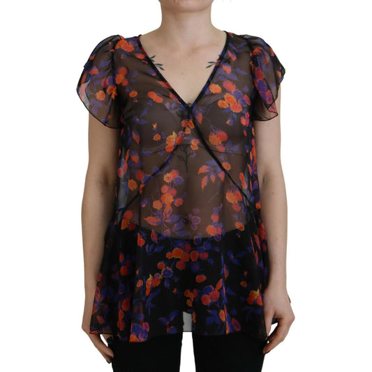 Dsquared² Black Floral Print Short Sleeves V-neck Blouse Top Dsquared² Black