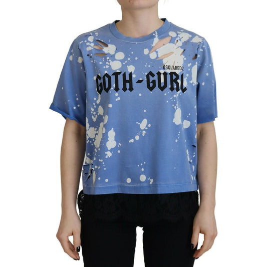 Dsquared² Blue Goth Gurl Print Black Lace Cotton Tee T-shirt Dsquared² Slate Gray