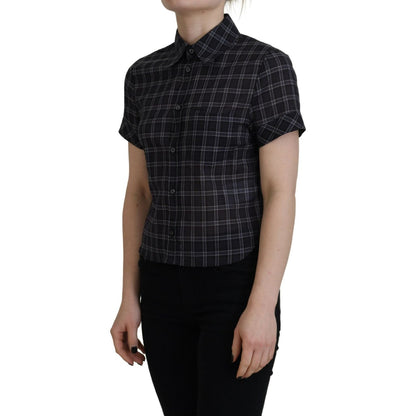 Dsquared² Black Checkered Collared Button Short Sleeves Top