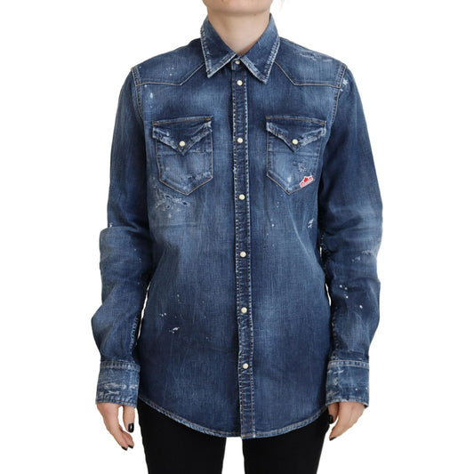 Dsquared² Blue Washed Cotton Button Down Collared Denim Shirt Dsquared² Dark Slate Gray