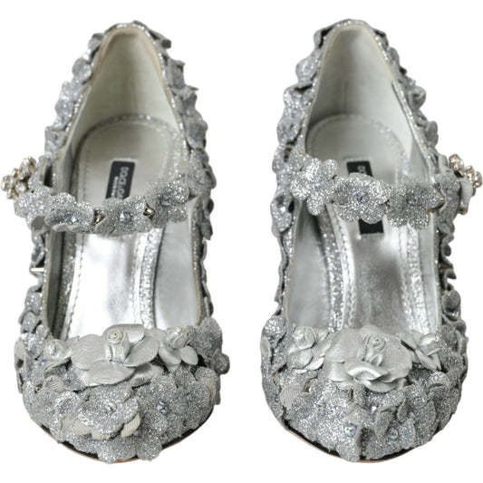 Dolce & Gabbana Silver Floral Crystal Mary Jane Pumps Shoes Dolce & Gabbana Dark Gray