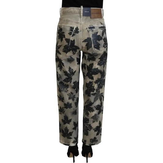 Dsquared² Beige Leaves Cotton High Waist Denim Jeans Boston Dsquared²