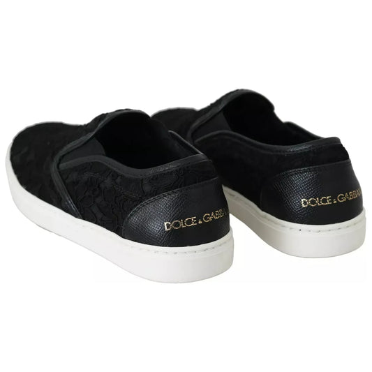 Dolce & Gabbana Black Lace Leather Logo Flat Slip-On Sneakers Dolce & Gabbana Light Gray