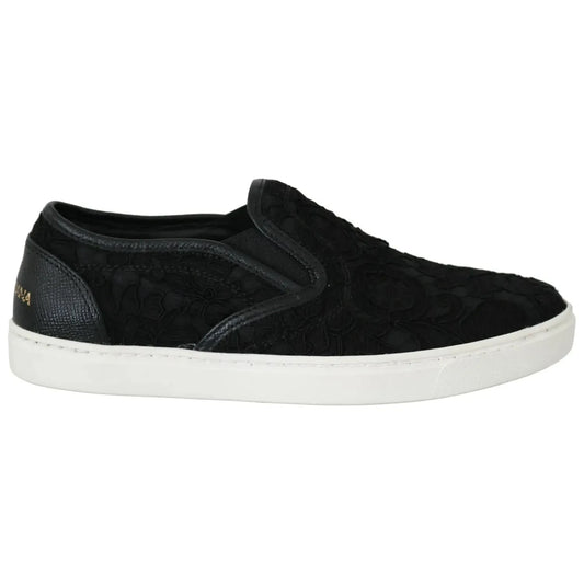 Dolce & Gabbana Black Lace Leather Logo Flat Slip-On Sneakers Dolce & Gabbana Black