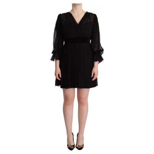 Dolce & Gabbana Black V-neck Long Sleeves Mini A-line Dress Dolce & Gabbana Tan