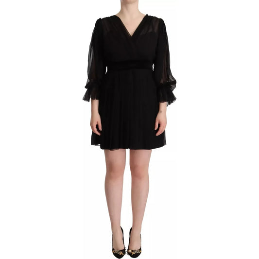 Dolce & Gabbana Black V-neck Long Sleeves Mini A-line Dress Dolce & Gabbana Rosy Brown