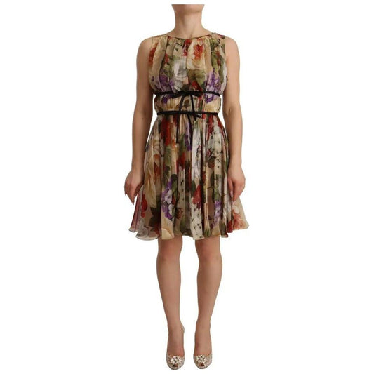 Dolce & Gabbana Beige Floral Sleeveless Round Neck Mini Dress Dolce & Gabbana Dim Gray