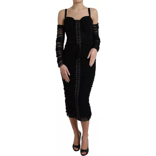 Dolce & Gabbana Black Cold Shoulder Stretch Tulle Midi Dress Dolce & Gabbana Rosy Brown