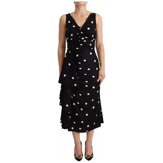 Dolce & Gabbana Black Silk Polka Dots V-neck Sheath Midi Dress Dolce & Gabbana Black