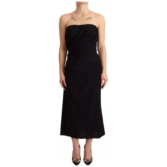 Dolce & Gabbana Black Silk Stretch Strapless Sheath Midi Dress Dolce & Gabbana Tan